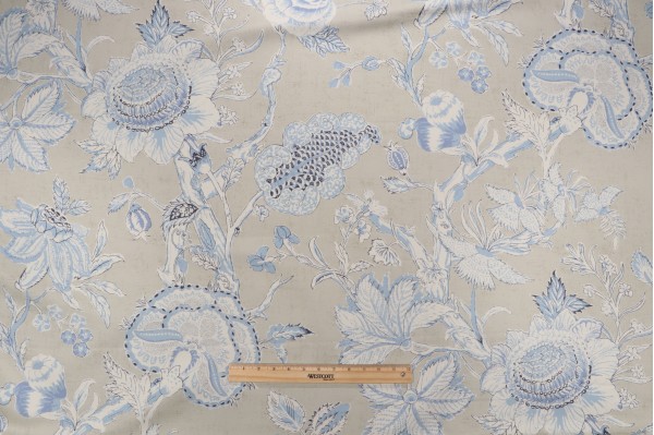 Anna French Rittenhouse F94146 Printed Cotton Blend Drapery Fabric in Blue and Tan for Thibaut