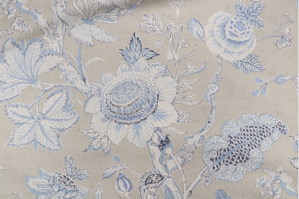 Anna French Rittenhouse F94146 Printed Cotton Blend Drapery Fabric in Blue and Tan for Thibaut
