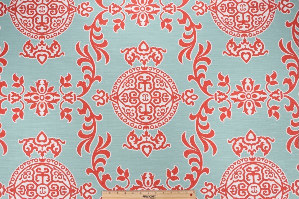 Sample of Thibaut Halie F936113 Printed Linen Drapery Fabric in Aqua & Coral 