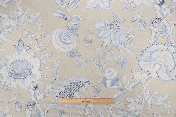 Anna French Rittenhouse F94146 Printed Cotton Blend Drapery Fabric in Blue and Tan for Thibaut 