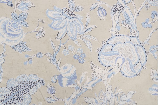 Anna French Rittenhouse F94146 Printed Cotton Blend Drapery Fabric in Blue and Tan for Thibaut 