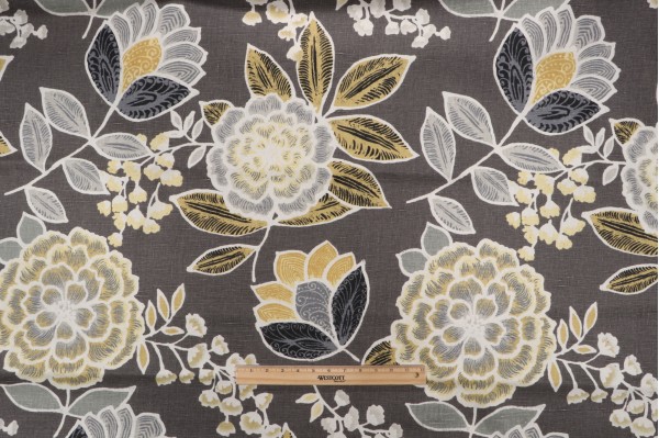 Thibaut Sulu F913010 Printed Linen Drapery Fabric in Charcoal