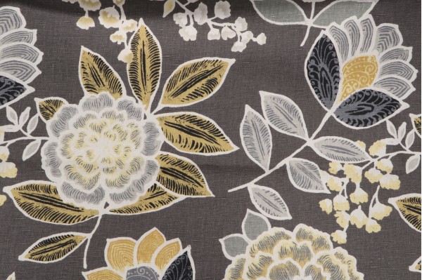 Thibaut Sulu F913010 Printed Linen Drapery Fabric in Charcoal