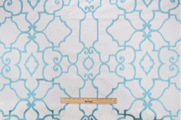 Thibaut Ogden W714215 Embroidered Cotton Drapery Fabric in Turquoise