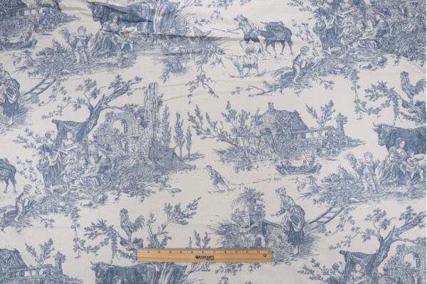 Thibaut Chateau De Loir F97302 Printed Cotton Drapery Fabric in Blue on Cream
