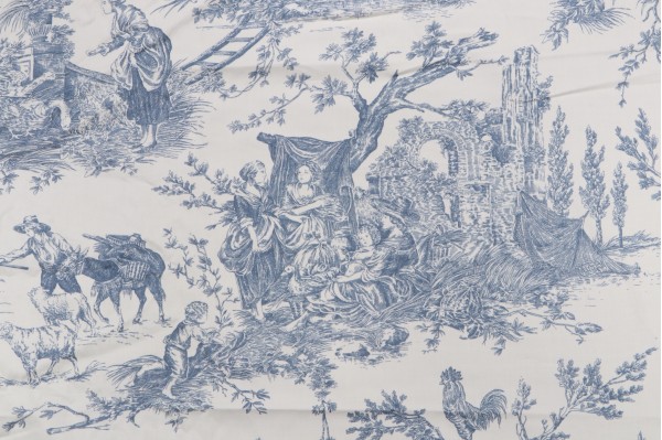 Thibaut Chateau De Loir F97302 Printed Cotton Drapery Fabric in Blue on Cream