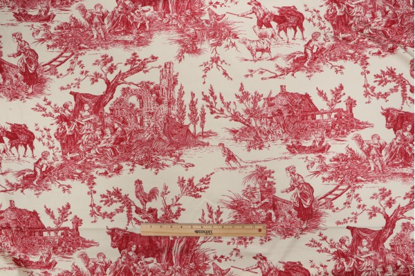 Thibaut Chateau De Loir F97301 Printed Cotton Drapery Fabric in Red on Cream