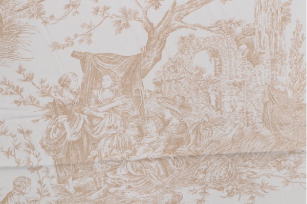 Thibaut Chateau De Loir F97309 Printed Cotton Drapery Fabric in Beige on White