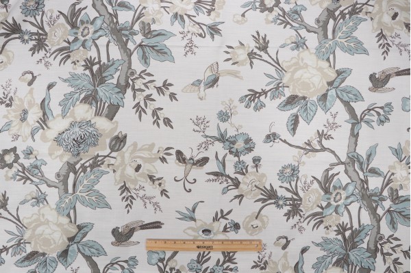 1 Yard Thibaut Nemour F936131 Printed Linen Blend Drapery Fabric in Beige and Aqua