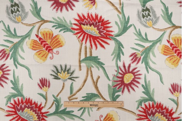 Thibaut Lizzett F936102 Printed Linen Drapery Fabric in Red on Green