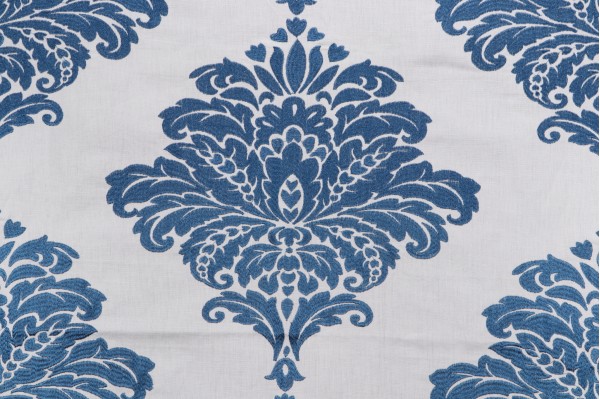 Thibaut Arturo Damask W713014 Embroidered Drapery Fabric in Navy on Turquoise