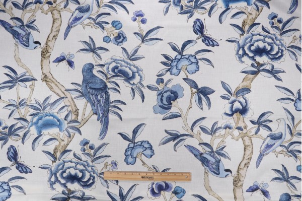 Anna French Giselle F914224 Printed Linen Blend Drapery Fabric in Blue and White