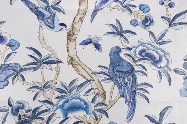 Anna French Giselle F914224 Printed Linen Blend Drapery Fabric in Blue and White