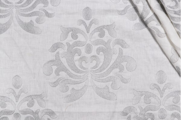 1 Yard Anna French Glitter Damask AW9105 Embroidered Linen Drapery Fabric in White for Thibaut