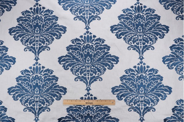 Thibaut Arturo Damask W713014 Embroidered Drapery Fabric in Navy on White