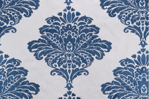 Thibaut Arturo Damask W713014 Embroidered Drapery Fabric in Navy on White