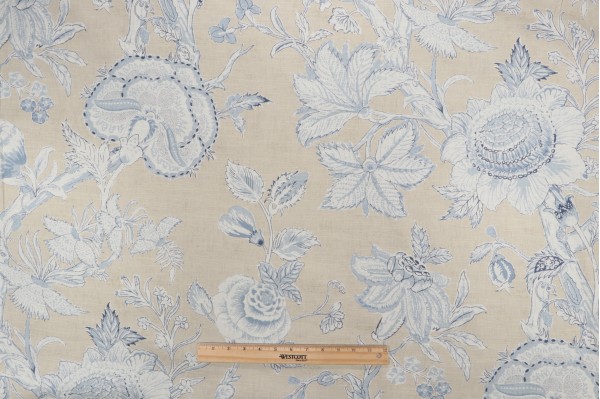 Anna French Rittenhouse F94146 Printed Cotton Blend Drapery Fabric in Blue and Tan for Thibaut