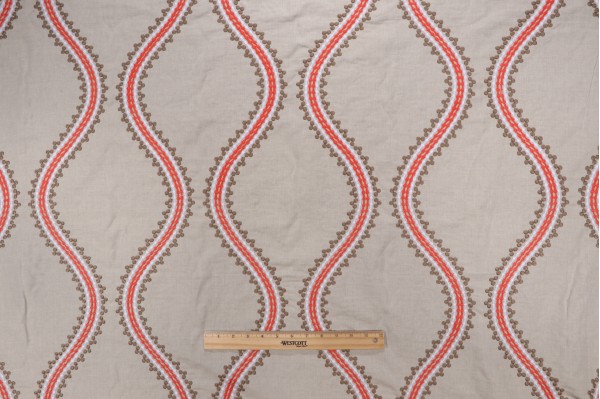Thibaut Juniper Ogee W764106 Embroidered Drapery Fabric in Stone and Coral