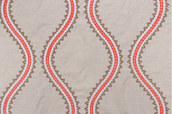 Thibaut Juniper Ogee W764106 Embroidered Drapery Fabric in Stone and Coral