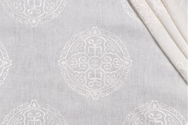 Thibaut Halie W736127 Embroidered Drapery Fabric in White on Linen