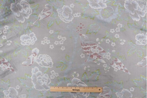 Thibaut Songbirds AF1365 Printed Silk Drapery Fabric in Silver Smoke
