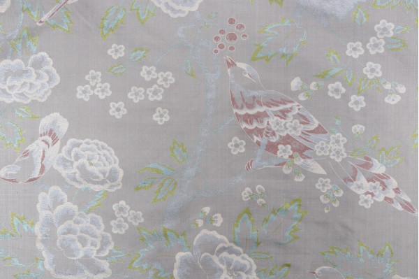 Thibaut Songbirds AF1365 Printed Silk Drapery Fabric in Silver Smoke