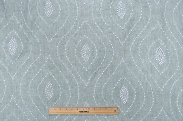 Thibaut Balboa Dots E75701 Embroidered Linen Drapery Fabric in White on Robin's Egg