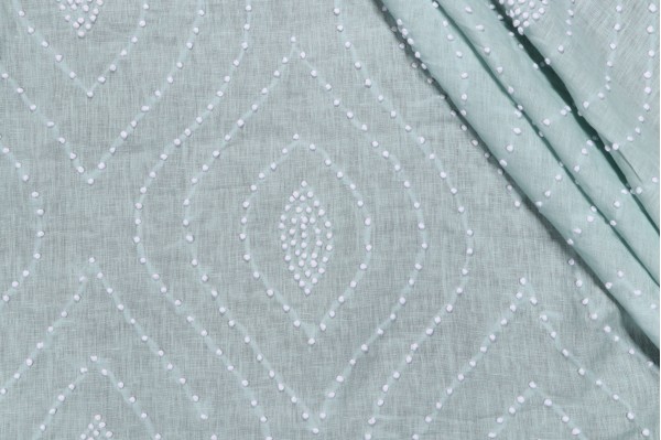 Thibaut Balboa Dots E75701 Embroidered Linen Drapery Fabric in White on Robin's Egg