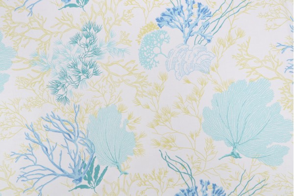 Sample of Thibaut Molokini F95735 Printed Cotton Drapery Fabric in Aqua and Green 