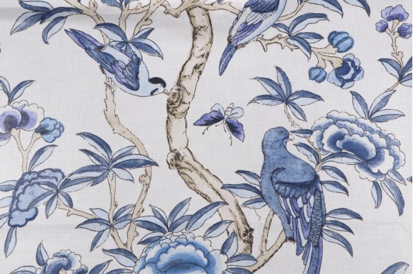 Thibaut Giselle F914224 Printed Linen Blend Drapery Fabric in Blue and White