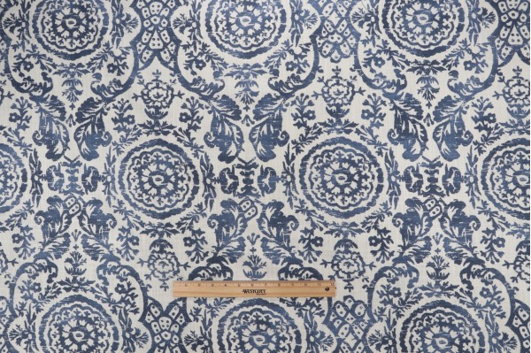 Anna French Sansome F94151 Printed Linen Drapery Fabric in Navy for Thibaut