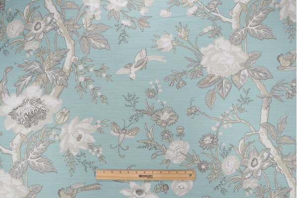 Sample of Thibaut Nemour F936130 Printed Linen Blend Drapery Fabric in Aqua 