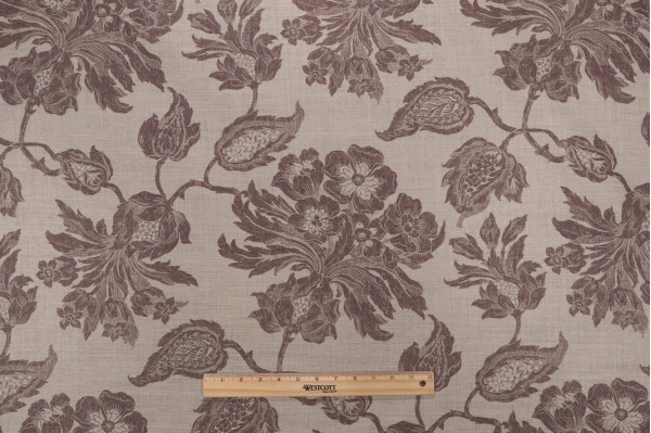 Sample of Thibaut Helena F94104 Printed Linen Drapery Fabric in Brown on Natural 