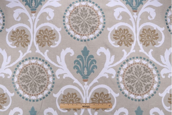Thibaut Banyan W764100 Printed & Embroidered Linen Drapery Fabric in Aqua 