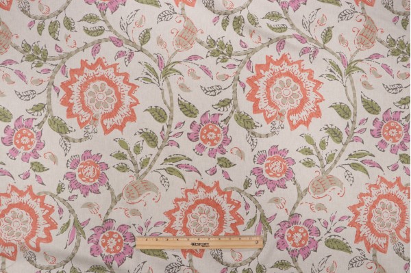 Sample of Thibaut Sevita F964113 Printed Linen Blend Drapery Fabric in Fuchsia and Coral 