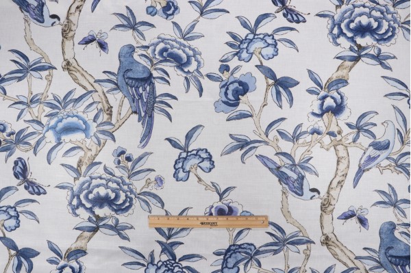 Thibaut Giselle F914224 Printed Linen Blend Drapery Fabric in Blue and White