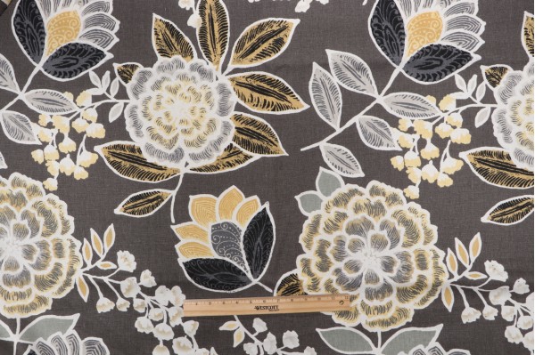 Thibaut Sulu F913010 Printed Linen Drapery Fabric in Charcoal
