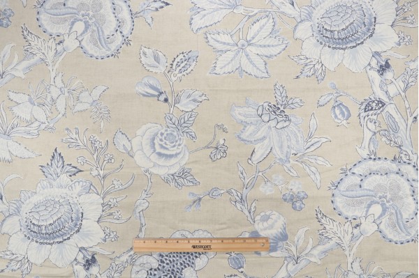 1 Yard Thibaut Rittenhouse F94146 Printed Cotton Blend Drapery Fabric in Blue and Tan
