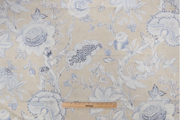 Thibaut Rittenhouse F94146 Printed Cotton Blend Drapery Fabric in Blue and Tan