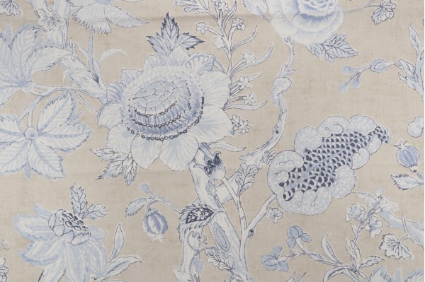 Thibaut Rittenhouse F94146 Printed Cotton Blend Drapery Fabric in Blue and Tan
