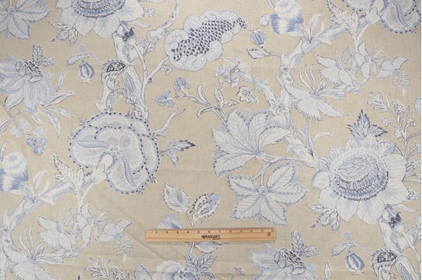 Thibaut Rittenhouse F94146 Printed Cotton Blend Drapery Fabric in Blue and Tan