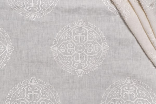 Thibaut Halie W736127 Embroidered Drapery Fabric in White on Linen