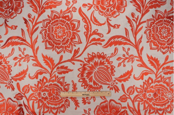 Thibaut Rivera W713047 Embroidered Drapery Fabric in Coral on Flax