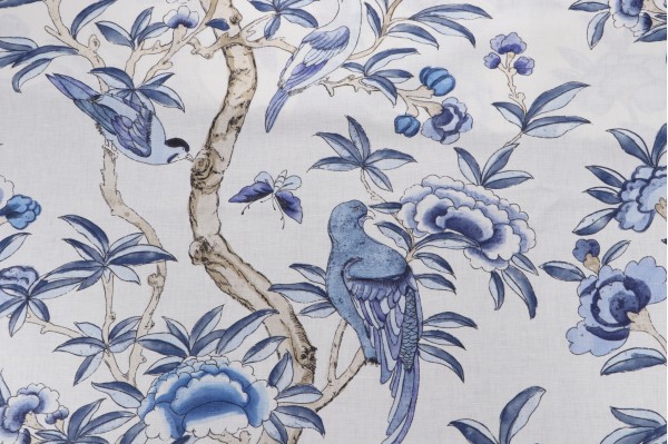 Thibaut Giselle F914224 Printed Linen Blend Drapery Fabric in Blue and White
