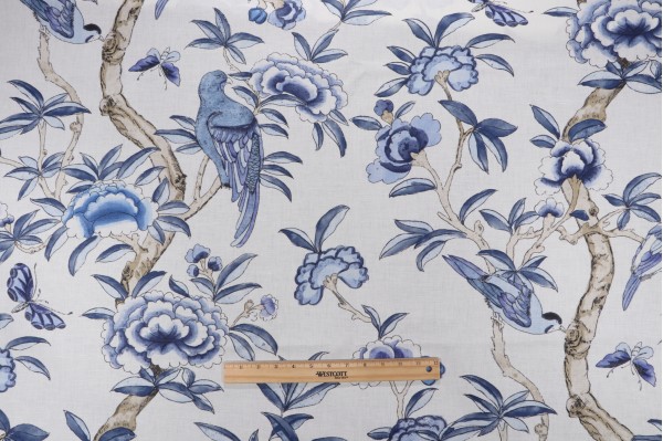 Thibaut Giselle F914224 Printed Linen Blend Drapery Fabric in Blue and White
