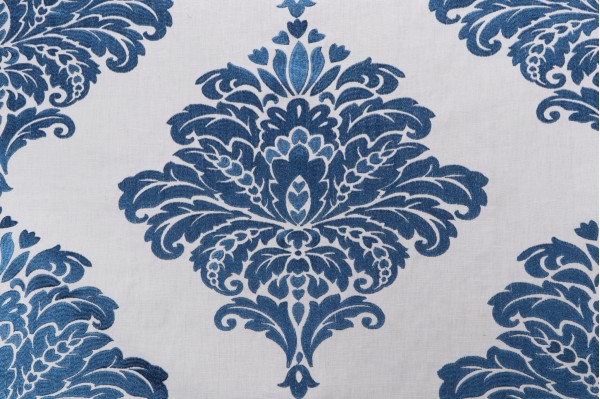 Thibaut Arturo Damask W713014 Embroidered Drapery Fabric in Navy on White