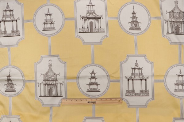 Thibaut Oriental Toile F99746 Printed Cotton Drapery Fabric in Black on Yellow