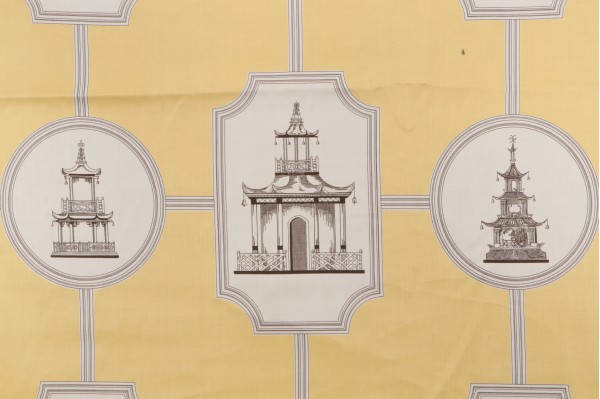 Thibaut Oriental Toile F99746 Printed Cotton Drapery Fabric in Black on Yellow