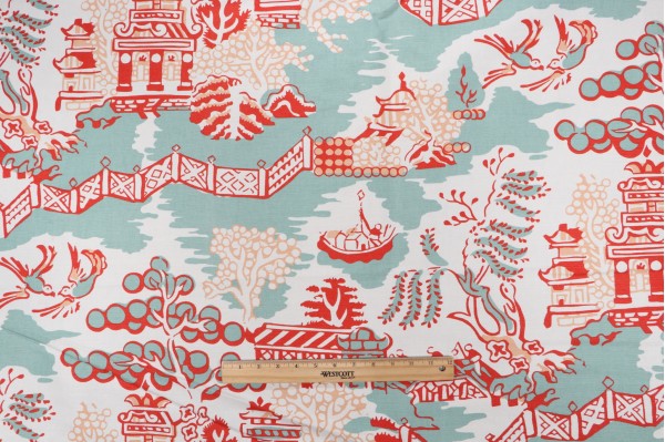 Thibaut Luzon F936107 Printed Linen Blend Drapery Fabric in Aqua and Coral