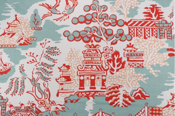 Thibaut Luzon F936107 Printed Linen Blend Drapery Fabric in Aqua and Coral